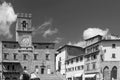 Piazza della Repubblica square in the historic center of Cortona, Arezzo, Italy, in black and white Royalty Free Stock Photo
