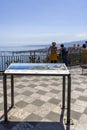 Piazza IX Aprile, observation deck place with view of sea and volcano Mount Etna, Taormina Sicily Italy Royalty Free Stock Photo