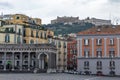 Piazza Plebiscite and Castel Sant`Elmo on hill. Naples landmark. Italian architecture. Royalty Free Stock Photo