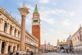 Piazza San Marco, Column of San Teodoro, National Library, Doge`s Palace and St Mark`s Basilica, Venice Royalty Free Stock Photo