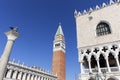 Piazza San Marco with Doge`s Palace; St Mark`s Campanile and Column of San Marco, Venice, Italy.