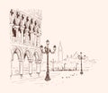 Piazza San Marco, Doge`s Palace in Venice, Italy. Hand drawn sketch vector illustration. Romantic cityscape. Tourism Concept Royalty Free Stock Photo