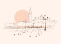 Piazza San Marco, Grand Canal, San Giorgio Maggiore church. Sunset in Venice, Italy. Hand drawn sketch vector illustration.