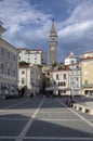 Piazza Tartini, Piran / SLOVENIA - June 24, 2018: Beautiful lazy summer day on Piazza Tartini square, sunny day