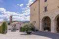 The Piazza XXIV Giugno square and in the background the Church of San Francesco in the historic center of Sarteano, Siena, Italy