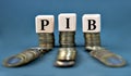 PIB - acronym on wooden cubes against the background of stacks of coins
