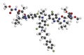 Pibrentasvir hepatitis C virus drug molecule. 3D rendering. Atoms are represented as spheres with conventional color coding:
