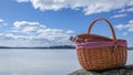 Pic nic basket with champagne glass and bottle Royalty Free Stock Photo