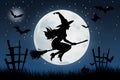 Pic Silhouette of a witch flying on broomstick against full moon, evoking magical essence of Halloween Royalty Free Stock Photo