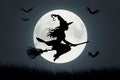 Pic Silhouette of a witch flying on broomstick against full moon, evoking magical essence of Halloween Royalty Free Stock Photo