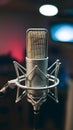 Pic Studio condenser microphone on blurred background, audio equipment photo