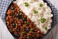 Picadillo a la habanera with rice close-up on the table. horizon