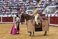 Picador bullfighter, lancer whose job it is to weaken bull's nec