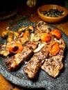 Picanha meat sliced is the best with satai tomatoes, mushrooms and onions