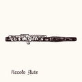 Piccolo flute. Ink black and white doodle drawing in woodcut style