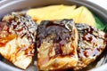 Saba fish grilled teriyaki sauce on top.