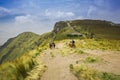 Pichincha, Ecuador September 18, 2017: Tourist riding a horse on the top of the Pichincha mountain with a panoramic view Royalty Free Stock Photo