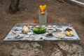 Arranged food as sacrificial offering to guardian spirit