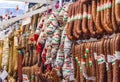 Pick salami in shop in the Great Market Hall in Budapest. Famous Hungarian salami