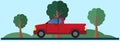 Pick up driving on country road. Landscape with green trees and automobile. Driving in forest