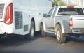 Pick-up truck bump Bus by accident on traffic jam Royalty Free Stock Photo