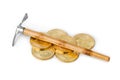 Pickaxe and bitcoins Royalty Free Stock Photo