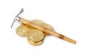 Pickaxe and bitcoins Royalty Free Stock Photo
