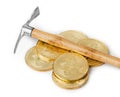 Pickaxe and bitcoins Royalty Free Stock Photo