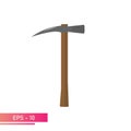 A pickaxe for gold diggers with a wooden handle and a hammer on the other side. Realistic design. On a white background