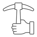 Pickaxe in hand thin line icon, labour day concept, Tool for work with stone sign on white background, worker arm with