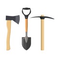 Pickaxe, shovel and ax.