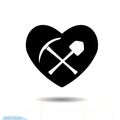 Pickaxe, shovel and icon heart black isolated on white background. Silhouette simple vector, Love symbol. Valentines day sign, emb Royalty Free Stock Photo