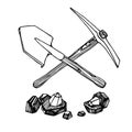Pickaxe, shovel & pieces of coal with diamond gemstones, mining tool, treasure hunting