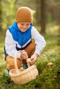 Happy boy with basket picking mushrooms in forest Royalty Free Stock Photo