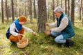 grandmother and grandson with mushrooms in forest