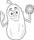 Outlined Cute Pickle Cartoon Character Giving A Thumb Up And Holding A Pickleball Ball