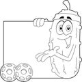 Outlined Happy Pickle Cartoon Character Showing A Banner With Pickleball Ball