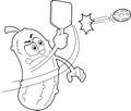 Outlined Funny Pickle Cartoon Character Hits A Pickleball Shot