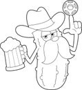 Outlined Cowboy Pickle Cartoon Character Spinning A Pickleball And Holding A Glass Of Beer