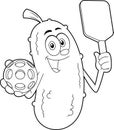 Outlined Smiling Pickle Cartoon Character Holding A Pickleball Ball And Paddle Racket