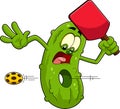Pickle Cartoon Character With A Hole In His Body From A Pickleball Ball Going Through Him