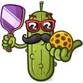 Pickle Cartoon Character holding Pickleball Gear and Sporting a slick pair of shades and a big hairy mustache