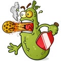 Pickle cartoon character spitting flames and a pickleball out of his mouth