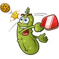 Pickle cartoon character happily whacking a pickleball with a paddle vector clip art Royalty Free Stock Photo