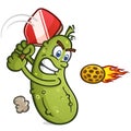 Pickle Cartoon Character winding up to smack a flaming pickleball