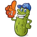 Pickle Cartoon Chracter Sports Fan wearing a baseball cap and foam finger