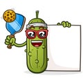 Cool pickle cartoon with attitude holding a big blank sign