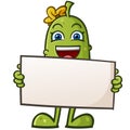 Pickle Cartoon Mascot Holding a Large Sign In Front of it\'s Body with a Big Smile