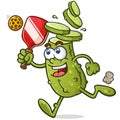 Pickle cartoon with sliced head chasing a pickleball on the court