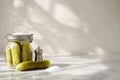 A pickle in a jar with antique salt and pepper shakers Royalty Free Stock Photo